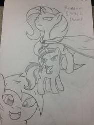 Size: 2203x2937 | Tagged: safe, artist:messenger, derpy hooves, trixie, pegasus, pony, g4, caption, clothes, female, frown, high res, mare, monochrome, open mouth, pencil drawing, sketch, smiling, traditional art