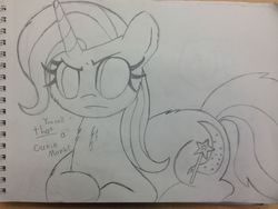 Size: 2937x2203 | Tagged: safe, artist:messenger, trixie, pony, unicorn, g4, caption, female, fourth wall, frown, high res, mare, monochrome, pencil drawing, sketch, solo, traditional art, unamused