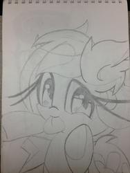 Size: 2203x2937 | Tagged: safe, artist:messenger, oc, oc only, oc:heartbeat, bat pony, pony, high res, impossibly long eyelashes, monochrome, pencil drawing, sketch, solo, tongue out, traditional art, underhoof
