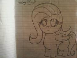 Size: 960x720 | Tagged: safe, artist:messenger, fluttershy, g4, caption, cute, female, heart, lined paper, monochrome, pencil drawing, sketch, solo, tiny ponies, traditional art