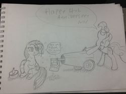 Size: 2937x2203 | Tagged: safe, artist:messenger, pinkie pie, oc, oc:tracy cage, g4, /mlp/, /mlp/arty, anniversary, cake, caption, confetti, happy birthday mlp:fim, high res, knife, mlp fim's fourth anniversary, monochrome, party cannon, pencil drawing, pow, sketch, smiling, speech bubble, traditional art, unamused