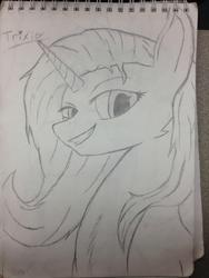 Size: 2203x2937 | Tagged: safe, artist:messenger, trixie, pony, unicorn, g4, female, grin, high res, mare, monochrome, pencil drawing, sketch, smiling, smirk, solo, traditional art