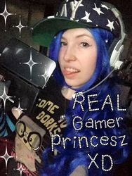 Size: 540x720 | Tagged: safe, artist:littlemissbloo, princess luna, human, gamer luna, g4, 3ds, clothes, cosplay, costume, headset, irl, irl human, looking at you, photo, solo, sparkles, tongue out