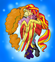Size: 587x657 | Tagged: safe, artist:catlover1672, adagio dazzle, sunset shimmer, equestria girls, g4, duo, female, fin wings, hug, impossibly long hair, kiss on the lips, kissing, lesbian, ship:sunsagio, shipping, sunset phoenix, wing hold, winghug, wings