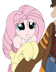 Size: 2552x3277 | Tagged: safe, artist:edcom02, artist:jmkplover, fluttershy, human, g4, clothes, crossover, cute, high res, humanized, logan, off shoulder, pouting, puppy dog eyes, shyabetes, simple background, sweatershy, transparent background, wolverine