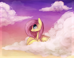 Size: 1888x1469 | Tagged: safe, artist:kilamuri, fluttershy, g4, chest fluff, cloud, cloudy, ear fluff, female, fluffy, prone, solo