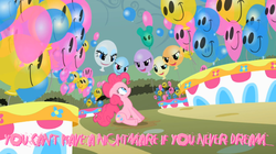 Size: 890x500 | Tagged: safe, screencap, pinkie pie, g4, my little pony: friendship is magic, the return of harmony, balloon, canterlot hedge maze, female, gyo, hedge maze, image macro, maze, meme, pink text, solo, you can't have a nightmare if you never dream