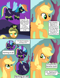 Size: 1024x1325 | Tagged: safe, artist:gameboysage, applejack, rainbow dash, earth pony, pegasus, pony, g4, butt, clothes, comic, costume, dialogue, feels like i'm wearing nothing at all, female, lesbian, male, mare, nightmare night, plot, shadowbolt dash, shadowbolts, shadowbolts costume, ship:appledash, shipping, stupid sexy rainbow dash, the simpsons