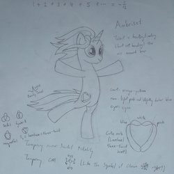 Size: 2710x2709 | Tagged: safe, artist:parclytaxel, oc, oc only, oc:ambrisett, pony, unicorn, bipedal, chaos star, cutie mark, heart, high res, knot theory, lineart, math, mechanical pencil, monochrome, reference sheet, sketch, smiling, solo, srinivasa ramanujan, standing, summation, traditional art, windswept mane, wip