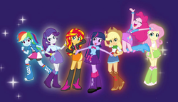 Size: 816x468 | Tagged: safe, artist:baekgup, dhx media, applejack, fluttershy, pinkie pie, rainbow dash, rarity, sunset shimmer, twilight sparkle, equestria girls, g4, balloon, beautiful, boots, bracelet, clothes, cowboy hat, glowing, hand on head, happy, hasbro, hasbro studios, hat, high heel boots, intro, jewelry, jumping, looking at you, mane six, open mouth, opening, opening credits, opening theme, skirt, smiling, twilight sparkle (alicorn), wildbrain