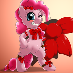Size: 1000x1000 | Tagged: dead source, safe, artist:ushiro no kukan, pinkie pie, g4, belly, belly button, female, ribbon, solo, wink