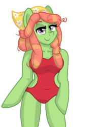 Size: 2086x2918 | Tagged: safe, artist:partypievt, tree hugger, anthro, g4, make new friends but keep discord, arm hooves, bandana, breasts, busty tree hugger, cel shading, clothes, dreadlocks, female, high res, hooves, looking at you, one-piece swimsuit, simple background, smiling, solo, swimsuit, transparent background, wip