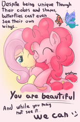 Size: 2500x3800 | Tagged: safe, artist:bugplayer, fluttershy, pinkie pie, butterfly, earth pony, pegasus, pony, g4, duo, duo female, female, high res, hug, mare, positive ponies