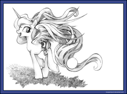 Size: 4446x3290 | Tagged: safe, artist:uminanimu, princess luna, alicorn, pony, g4, ball, butt, female, looking back, mare, monochrome, open mouth, open smile, pencil drawing, plot, running, sketch, smiling, solo, traditional art
