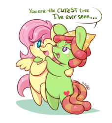 Size: 1109x1214 | Tagged: dead source, safe, artist:dsp2003, fluttershy, tree hugger, earth pony, pegasus, pony, g4, make new friends but keep discord, bipedal, blushing, chibi, cute, female, hug, huggerbetes, implied fluttertree, lesbian, literal, open mouth, ship:flutterhugger, shipping, shyabetes, simple background, style emulation, transparent background, weapons-grade cute, wink