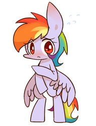 Size: 650x850 | Tagged: safe, artist:joycall6, rainbow dash, pegasus, pony, g4, bipedal, blushing, covering, covering crotch, cute, dashabetes, embarrassed, female, mare, naked rarity, simple background, solo, we don't normally wear clothes, white background
