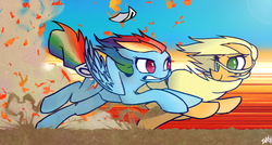 Size: 2800x1500 | Tagged: safe, artist:inkypsycho, applejack, rainbow dash, earth pony, pegasus, pony, fall weather friends, g4, female, freckles, gritted teeth, leaves, looking at each other, mare, running, smiling, spread wings