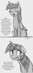 Size: 865x1920 | Tagged: safe, artist:silfoe, twilight sparkle, alicorn, pony, royal sketchbook, g4, dialogue, eyes closed, female, floppy ears, grayscale, gritted teeth, mare, monochrome, open mouth, sitting, solo, twilight sparkle (alicorn)