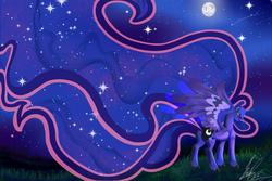 Size: 1280x853 | Tagged: safe, artist:wispywinterwind, princess luna, g4, comet, female, impossibly long mane, long mane, moon, night, solo, stars, surreal