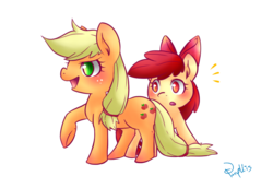 Size: 800x550 | Tagged: safe, artist:phyllismi, apple bloom, applejack, g4, hatless, missing accessory, pixiv, simple background, transparent background