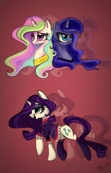 Size: 1280x2000 | Tagged: safe, artist:ponyix, princess celestia, princess luna, rarity, g4, clothes, dress, frown, running, smiling