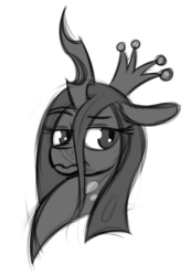 Size: 690x1000 | Tagged: safe, artist:ramott, queen chrysalis, changeling, changeling queen, g4, crown, female, grayscale, jewelry, monochrome, portrait, regalia, simple background, sketch, solo, white background