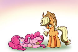 Size: 1112x741 | Tagged: safe, artist:heir-of-rick, applejack, pinkie pie, daily apple pony, g4, female, messy mane, plushie, simple background, sleeping, straw