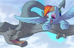 Size: 2300x1500 | Tagged: safe, artist:crispokefan, rainbow dash, aerodactyl, g4, crossover, flying, pokémon