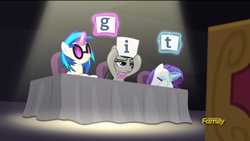 Size: 540x304 | Tagged: safe, dj pon-3, octavia melody, rarity, vinyl scratch, g4, exploitable meme, git, meme, music judges meme, version control