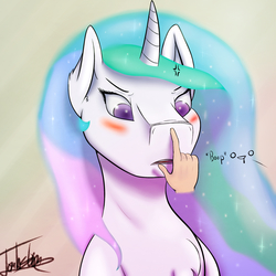 Size: 2362x2362 | Tagged: safe, artist:elzzombie, princess celestia, human, g4, angry, blushing, boop, cross-popping veins, female, fluffy, frown, glare, hand, high res, solo