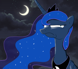 Size: 900x800 | Tagged: safe, artist:sapsdrow, princess luna, g4, female, frown, glare, looking at you, moon, night, solo, unamused