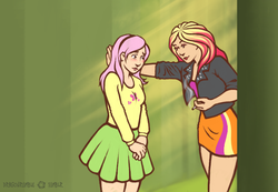 Size: 700x485 | Tagged: safe, artist:severka, fluttershy, sunset shimmer, equestria girls, g4, cigarette, clothes, humanized, smoking, sweatershy