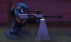 Size: 1280x769 | Tagged: safe, artist:the-furry-railfan, oc, oc only, oc:night strike, pegasus, pony, fallout equestria, fallout equestria: empty quiver, aiming, anti-materiel rifle, barrier, bozar, clothes, cutie mark, female, floppy ears, gun, hooves, jacket, mare, night, optical sight, outdoors, rifle, sitting, sniper, sniper rifle, solo, text, weapon, wings
