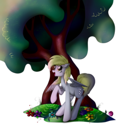 Size: 2000x2000 | Tagged: safe, artist:ketrin0cat, derpy hooves, pegasus, pony, g4, female, high res, mare, raised hoof, simple background, smiling, solo, spread wings, transparent background, tree