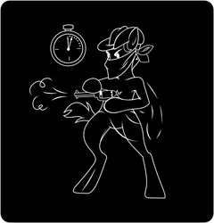 Size: 768x800 | Tagged: safe, artist:galgannet, earth pony, pony, fallout equestria, fallout equestria: the rovers, cowboy, cowboy hat, gun, hat, monochrome, revolver, solo, vault boy, weapon