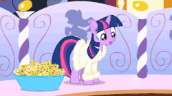 Size: 420x236 | Tagged: dead source, safe, screencap, pinkie pie, twilight sparkle, earth pony, pony, unicorn, g4, green isn't your color, animated, bathrobe, caption, clothes, female, forever, gif, image macro, impact font, jumping, mare, pinkie being pinkie, pinkie forever, pinkie physics, raised hoof, robe, shocked, sponge, startled, surprised, text, unicorn twilight