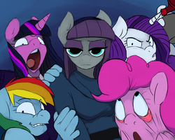 Size: 1280x1024 | Tagged: safe, artist:gordonfreeguy, maud pie, pinkie pie, rainbow dash, rarity, twilight sparkle, earth pony, unicorn, anthro, g4, make new friends but keep discord, airhorn, clothes, ear fluff, eyeshadow, female, frown, gradient background, grin, group, looking at you, makeup, maud burns, meme, open mouth, ponified meme, ponified video, quintet, rekt, smiling, supa hot fire, that's the wrong number, varying degrees of want, wide eyes