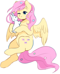 Size: 687x843 | Tagged: safe, artist:twirity, fluttershy, pegasus, pony, rabbit, g4, blushing, cute, female, flower, flower in hair, mare, shyabetes, simple background, solo, transparent background, wink