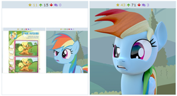 Size: 516x278 | Tagged: safe, artist:3d thread, artist:creatorofpony, applejack, rainbow dash, derpibooru, g4, 3d, 3d model, confused, exploitable meme, juxtaposition, juxtaposition win, meme, meta, mud