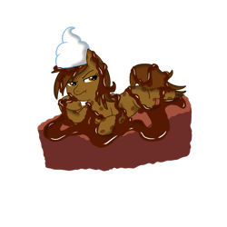 Size: 2449x2449 | Tagged: safe, artist:kunoichipikachu, oc, oc only, oc:cookie crumble, food pony, original species, annoyed, brownie, chocolate sauce, high res, simple background, solo, transparent background