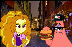 Size: 1940x1276 | Tagged: safe, adagio dazzle, equestria girls, g4, alley, baseball cap, glasses, hat, male, patrick star, spongebob squarepants, swag