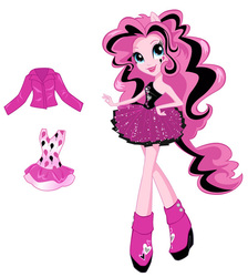 Size: 538x600 | Tagged: safe, artist:jenny chung, pinkie pie, equestria girls, g4, official, clothes, concept art, doll, dress, equestria girls prototype, female, goth, jacket, pinkie pie's boutique, ponied up, simple background, solo, toy, white background