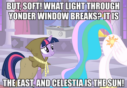 Size: 721x500 | Tagged: safe, edit, edited screencap, screencap, clover the clever, princess celestia, twilight sparkle, pony, unicorn, g4, caption, female, hip, image macro, looking at butt, mare, meme, romeo and juliet, shakespearean insults, sunbutt, william shakespeare