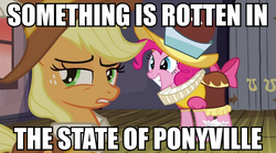 Size: 902x500 | Tagged: safe, screencap, applejack, chancellor puddinghead, pinkie pie, smart cookie, g4, image macro, meme, shakespearean insults