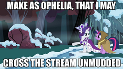 Size: 983x550 | Tagged: safe, screencap, clover the clever, princess platinum, rarity, twilight sparkle, g4, hamlet, image macro, meme, shakespearean insults, text