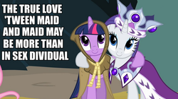 Size: 894x500 | Tagged: safe, screencap, clover the clever, princess platinum, rarity, twilight sparkle, g4, image macro, meme, shakespearean insults, text