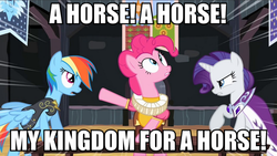 Size: 887x500 | Tagged: safe, screencap, chancellor puddinghead, commander hurricane, pinkie pie, princess platinum, rainbow dash, rarity, g4, image macro, meme, richard iii, shakespearean insults