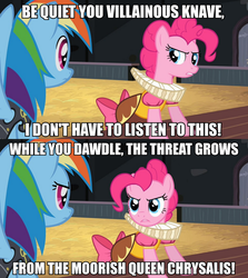 Size: 890x1000 | Tagged: safe, edit, edited screencap, screencap, chancellor puddinghead, commander hurricane, pinkie pie, rainbow dash, earth pony, pegasus, pony, g4, bow, comic, female, image macro, mare, meme, othello, shakespearean insults