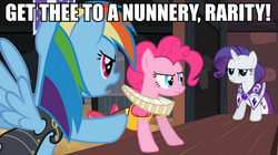 Size: 894x500 | Tagged: safe, screencap, chancellor puddinghead, commander hurricane, pinkie pie, princess platinum, rainbow dash, rarity, g4, hamlet, image macro, meme, shakespearean insults