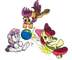 Size: 2400x2000 | Tagged: safe, artist:pananovich, apple bloom, scootaloo, sweetie belle, g4, ball, cutie mark crusaders, high res